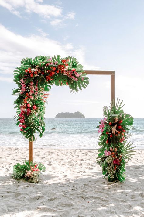 An Intimate Beach Wedding in Costa Rica with a Fuchsia-and-Rose-Gold Color Palette Tropical Wedding Arbor, Tropical Wedding Arch Ideas, Tropical Beach Decor, Tropical Wedding Mood Board, Tropical Wedding Colors Palette, Tropical Wedding Theme Colors, Blouse Design Wedding, Tropical Wedding Arch, Tropical Theme Wedding