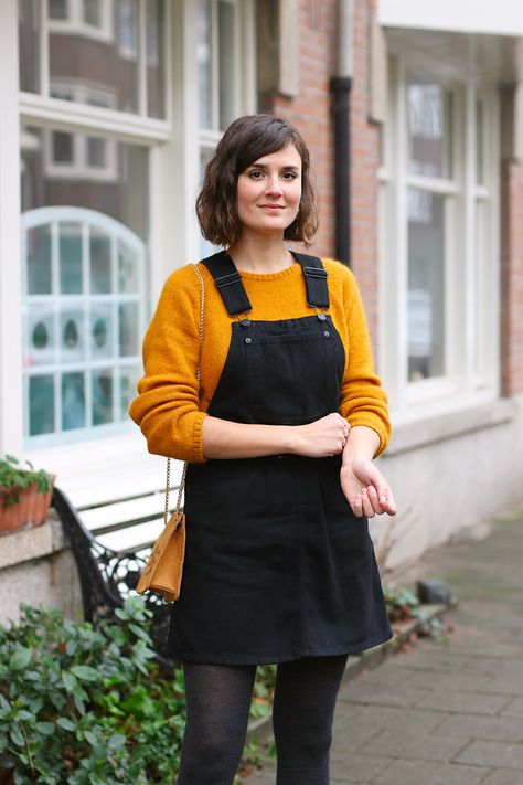 Mustard yellow jumper & pinafore dress - Mango & Salt Yellow Knit Cardigan Outfit, Mustard Jumper Outfit, Yellow Outfit Casual, Yellow Jumper Outfit, Pinafore Outfit, Mustard Jumper, Jumper Dress Outfit, Mustard Yellow Outfit, Yellow Dress Casual