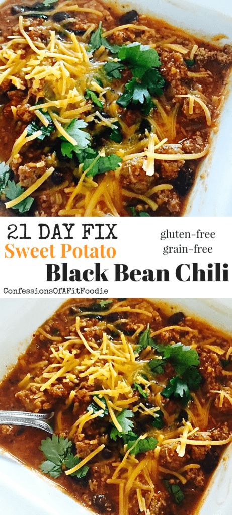 21 Day Fix Sweet Potato and Black Bean Chili (Stovetop/Instant Pot) - Confessions of a Fit Foodie 21 Day Fix Vegan, Chili Stovetop, 21 Day Fix Vegetarian, Confessions Of A Fit Foodie, Sweet Potato And Black Bean, 21 Day Fix Diet, Gluten Free Sweet Potato, 21 Day Fix Meal Plan, Beachbody Recipes