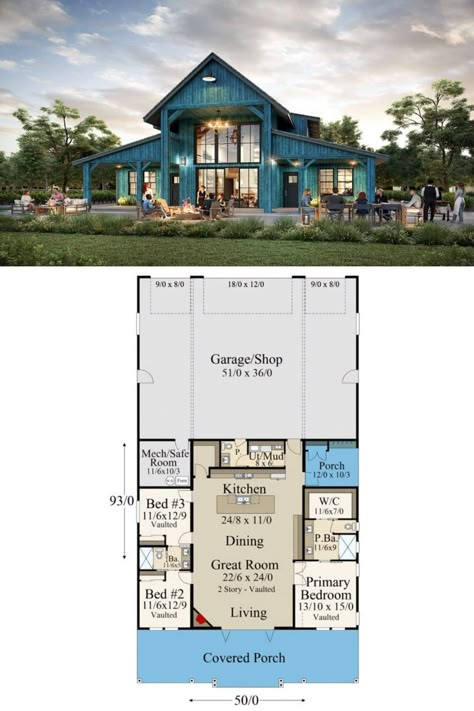 Simple 3 Bedroom Barndominium, Pull Shed House, Rustic Barndominium Floor Plans, Farm Barndominium Ideas, Barndo Designs, Winery Floor Plans, Barnodium Floor Plans With Shop, Barndominium Single Story, Cathedral Ceiling House Plans