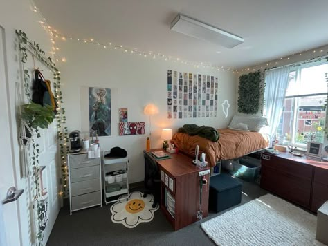 Bed Next To Desk Aesthetic, College Dorm Room Ideas Earthy, Dorm Rug Ideas, Boho Dorm Aesthetic, Dorm Room Fridge Set Up, Dorm Common Room Decor, Dorm Room Asthetics, Earth Tone Dorm Room, Minimal Dorm Room