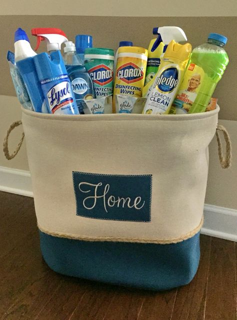 Housewarming gift, gift basket, cleaning supplies Cleaning Raffle Basket Ideas, Housewarming Gift Box Ideas, Rainy Day Raffle Basket, Cleaning Supply Gift Basket, Cleaning Products Gift Basket, Diy Men Gift Baskets, House Warming Cleaning Gift Basket, Cooler Bag Gift Basket, Cleaning Basket Gift Ideas