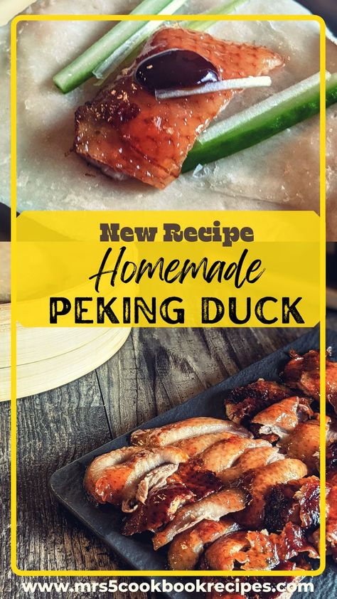 homemade-peking-duck-recipe Crispy Peking Duck Recipe, Crispy Duck Recipes, Chinese Roast Duck, Mandarin Pancakes, Peking Duck Recipe, Peking Roasted Duck, Roasted Duck Recipes, Duck Pancakes, Goose Recipes