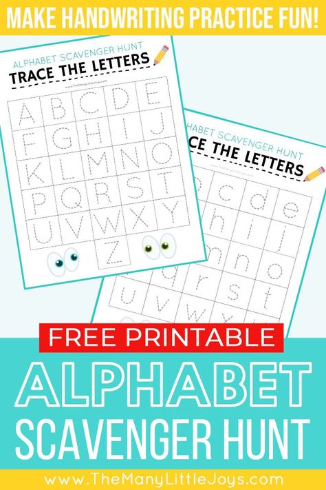 "Trace the alphabet" scavenger hunt (upper and lowercase) - The Many Little Joys Alphabet Scavenger Hunt, Trace The Alphabet, Cursive Letters Alphabet, Pumpkin Games, Letter Learning, Free Homeschool Printables, Abc Activities, Alphabet Crafts, Preschool Letters