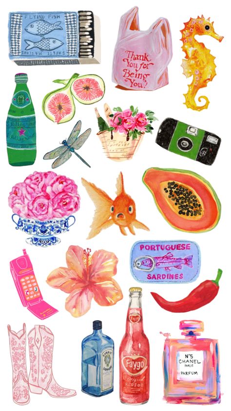 Colourful Stickers Aesthetic, Watercolor Collage Ideas, Journal Stickers Free Printable, Paper Collage Ideas, Watercolour Stickers, Juicy Couture Daydreamer, 2000s Juicy Couture, Sticker Collage, Collage Stickers