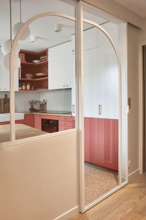 From the Banister to a Bed Nook and Custom Mirror, Curves Are Everywhere in This 1,400 Square-Foot Parisian Apartment Kitchen With Glass Partition, Terrazzo Floor Tiles, Bed Nook, Art Deco Kitchen, Apartment Renovation, Glass Partition, Terrazzo Flooring, Parisian Apartment, Paris Apartments