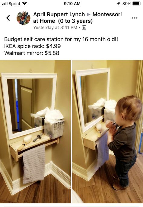 Montessori Self Care Station, Montessori Self Care, Self Care Station, Montessori Toddler Rooms, Ring Case, Baby Life Hacks, Baby Advice, Toddler Rooms, Montessori Baby