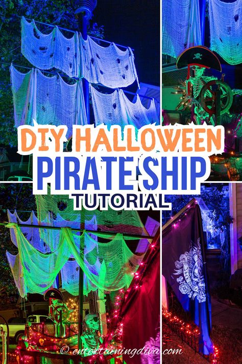 DIY Pirate Ship Halloween Decor Pirate Props Diy How To Make, Halloween Ocean Theme, Halloween Pirate Decorations Outdoor, Halloween Fishing Decor, Halloween Pirate Ship Decorations, Diy Pirate Halloween Decorations, Diy Halloween Pirate Ship, Pirate Theme Trunk Or Treat, Pirate Ship Decorations