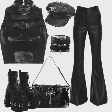 What’s your favorite accessory in this look? 🖤✨ Serving ultimate dark glam vibes with this all-black, edgy ensemble! 🖤 A strappy leather crop top, flared leather pants, chunky platform boots, and statement accessories like the spiked cap, skull bracelets, and a gothic handbag. Perfect for anyone rocking the grunge aesthetic or alternative fashion! 🕸️ - - - - - - - - - - - #grungestyle #grungeaesthetic #grungevibes #grungefashion #altfashion #darkaesthetic #punkgrunge #edgystyle #gothgrunge #... Edgy Glam Aesthetic, Gothic Handbag, Alternative Fits, Flared Leather Pants, Chunky Platform Boots, Glam Grunge, Glam Aesthetic, Edgy Glam, Platform Boots Chunky