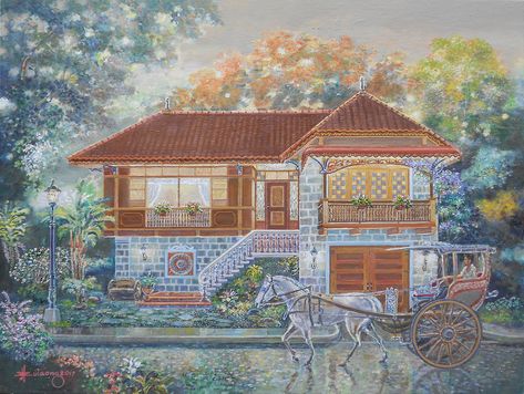 Bahay na bato (Philippine Ancestral House) - by JBulaong 2017 oil on canvas 24" x 32"  #bahaynabato #PhilippineAncestralHouse #PhilippineArchitecture #oiloncanvas #painting #JBulaong #ancestralhouse #architecture Philippine Colonial Architecture, Vernacular Architecture Philippines, Filipino Ancestral House, Ancestral House Philippines, Philippine Aesthetic, Filipino Interior Design, Ancestral House, Philippines House, Philippine Culture