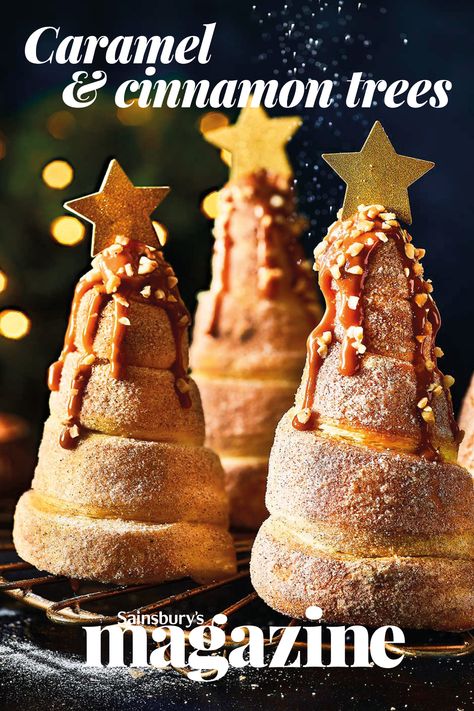 Chocolate-filled, caramel-coated Christmas trees are a swirl of pastry heaven. Get the Sainsbury's magazine recipe Christmas Bread Ideas, Christmas Sweet Ideas, Christmas Recipes Ideas, Christmas Deserts Ideas, New Year Bread, Christmas Bakery Ideas, Christmas Pastry Ideas, Christmas Tree Recipes, Christmas Deserts Recipes