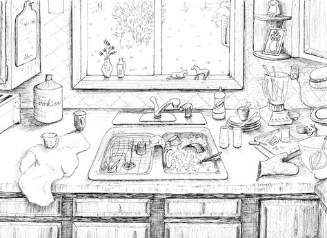 Kitchen Sink Illustration, Messy Kitchen Drawing, Messy Kitchen Aesthetic, Kitchen Sink Drawing, Sink Sketch, Kitchen Sketch, Sink Drawing, Kitchen Sink Area, Sketch Tutorial