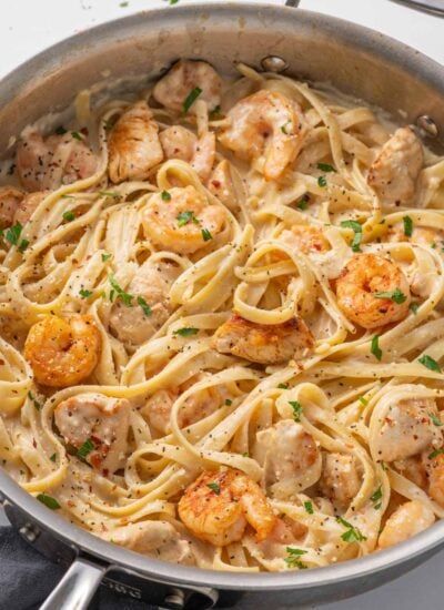 Chicken and Shrimp Alfredo - Cookin' with Mima Chicken And Shrimp Alfredo, Baked Catfish, Shrimp Alfredo Recipe, Shrimp Alfredo, Chicken Alfredo Recipes, Fettuccine Pasta, Alfredo Sauce Recipe, Chicken And Shrimp, Chicken And Shrimp Pasta