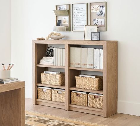 Home Gym Equipment & Storage | Pottery Barn Pottery Barn Console, Oak Furniture Bedroom, Linen Pinboard, Pottery Barn Bookcase, Console Bookcase, Double Bookcase, Family Room Organization, White Oak Furniture, Bedroom Bookshelf