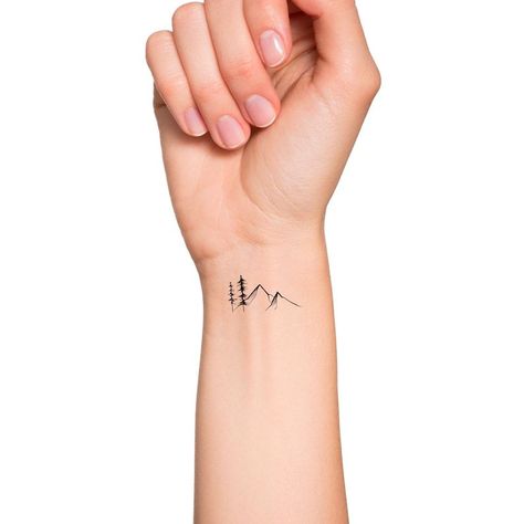 small tattoos by Tattoo Art & Designs Pnw Tree Tattoo, Mountains And Pine Trees Tattoo, Simple Mountain And Tree Tattoo, Minimalist Hiking Tattoo, Mountain Peaks Tattoo, Mountain Hiking Tattoo, Pnw Inspired Tattoo, Small Hiking Tattoo, Finger Mountain Tattoo