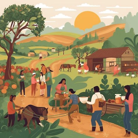 Photo a colorful illustration of people ... | Premium Photo #Freepik #photo #farmer #agriculture #farmer-illustration #farmer-farming Farm Illustration Art, Agriculture Illustration, Farming Illustration, Farming Art, Farmer Illustration, Agriculture Art, Farmer Painting, Illustration Of People, Agriculture Photos