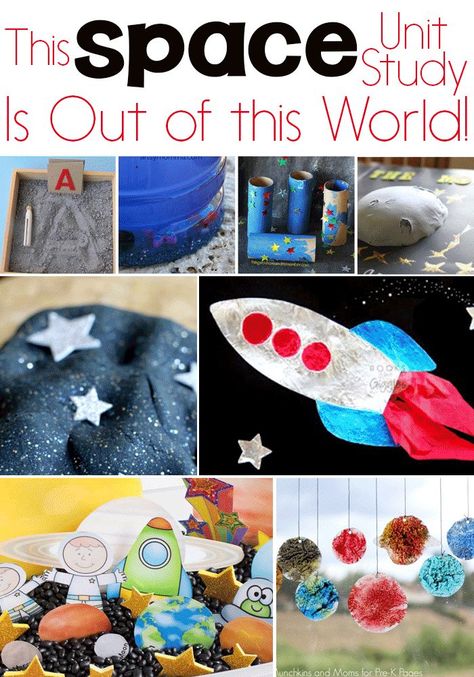 Kids will love this exciting Space Unit Study! Outer Space activities for science, math, STEM, literacy, sensory and more!!  via @lifeovercs Space Activities For Preschoolers, Space Unit Study, Solar System Unit Study, Outer Space Activities, Solar System Unit, Solar System Activities, Space Activities For Kids, Space Lessons, Space Preschool