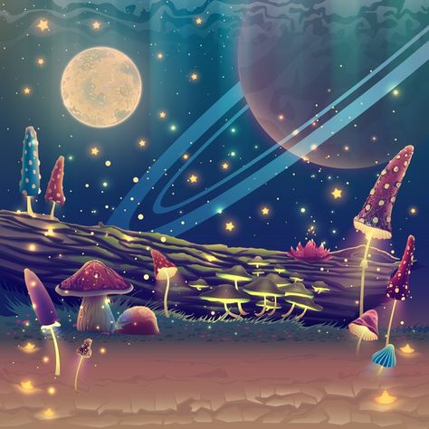 Fantasy mushroom garden or magic park wi... | Premium Vector #Freepik #vector #cartoon #forest #space #landscape Fantasy Mushroom, Mushroom Garden, Garden Magic, Paint Inspo, Garden Illustration, Space Illustration, Garden Drawing, Moon Art Print, Night Forest