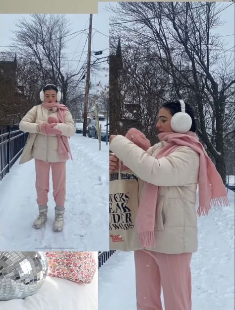 Cute Feminine Winter Outfits, Pink Winter Accessories, Pink Cold Outfits, Winter Outfits Essentials, Gigi Mw Outfits, Hyper Feminine Aesthetic Outfits Winter, Warm Coquette Outfit, Pink Outfits Cold, Winter Outfits Soft Girl