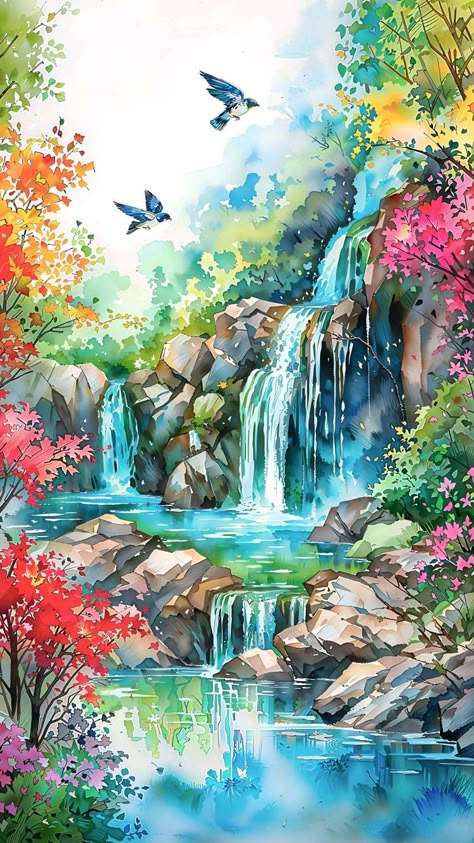 Painting With Acrylic Paint, Sunset Acrylic Painting, Sunset Acrylic, Canvas Art Painting Acrylic, Watercolor Scenery, Waterfall Paintings, Landscape Painting Tutorial, Watercolor Paintings Nature, Art Projects For Adults