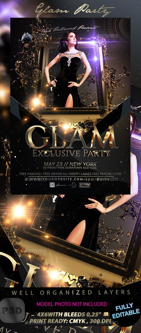 Glam Party Flyer Template Glitter Poster Design, Glamour Design Graphic, New Year Poster Design, Award Poster, Glamour Party, Poster Template Design, Photoshop Design Ideas, Graphic Design Infographic, Glam Party