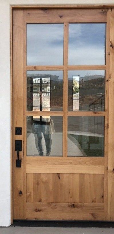 Garage Entry Door Farmhouse, French Front Doors Farmhouse, Single Front Door Ideas Farmhouse, Wood Front Doors Entrance, Barndominium Single Front Door, 40” Front Door, Brown Farmhouse Door, Wood Front Door With Glass Panel, Wood Front Door With Glass