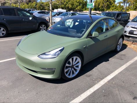 Matte Green Car, Green Tesla, Cars Junior, Model 3 Tesla, Light Forest Green, Matte Cars, Light Forest, Tesla Interior, Car Paint Jobs