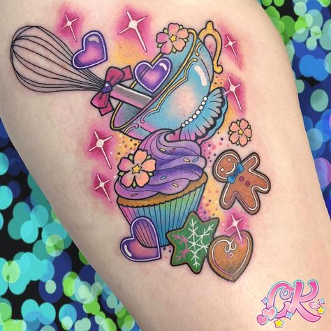 Cake Tattoo Designs, Gingerbread Tattoo Ideas, Kawaii Food Tattoo, Bakers Tattoo Ideas, Gingerbread Tattoo, Baking Tattoo Ideas, Candy Tattoo Ideas, Cookie Tattoo, Cupcake Tattoo Designs