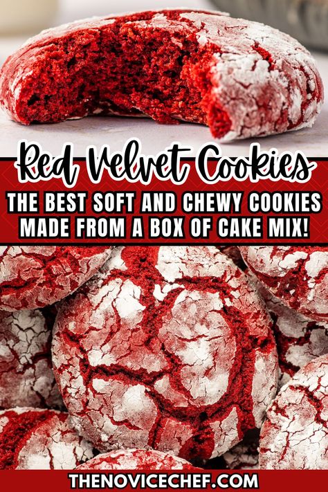 These gorgeous Red Velvet Crinkle Cookies made with a box of cake mix will quickly become one of your favorite cookies. They literally take 5 minutes to whip together, and they're decadently chewy and soft. Use any flavor of boxed cake mix to create these easy cake mix cookies! Crinkle Cookies Cake Mix, Red Velvet Cake Cookies, Chewy Cake, Cake Mix Cookie Recipe, Red Velvet Cake Mix Cookies, Red Velvet Crinkles, Red Velvet Cookie Recipe, Red Velvet Crinkle Cookies, Cake Mix Cookie