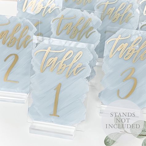 Table Numbers Wedding Acrylic, 4x6, Wedding Signs, Table Numbers, Painted Back Sign, Black Silver White Rose Gold Font Calligraphy - Etsy Acrylic Calligraphy, Blue And Gold Wedding, Wedding Table Number Signs, Baby Blue Weddings, Acrylic Table Numbers, Blue Wedding Decorations, Acrylic Table Number, Light Blue Wedding, Wedding Numbers