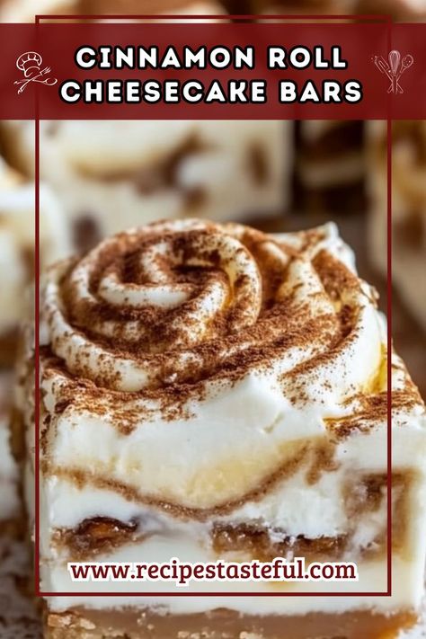 These decadent Cinnamon Roll Cheesecake Bars combine the comforting flavors of cinnamon rolls with a rich, creamy cheesecake filling, all topped with a luscious frosting. Perfect for dessert lovers, they are ideal for sharing at gatherings or enjoying as a sweet treat. Cinnamon Roll Cheesecake Bars, Copycat Dessert Recipes, Roll Cheesecake, Cinnamon Roll Cheesecake, Cinnamon Recipes, Cheesecake Filling, Cake Bars, Easy Cinnamon, Cinnamon Swirl