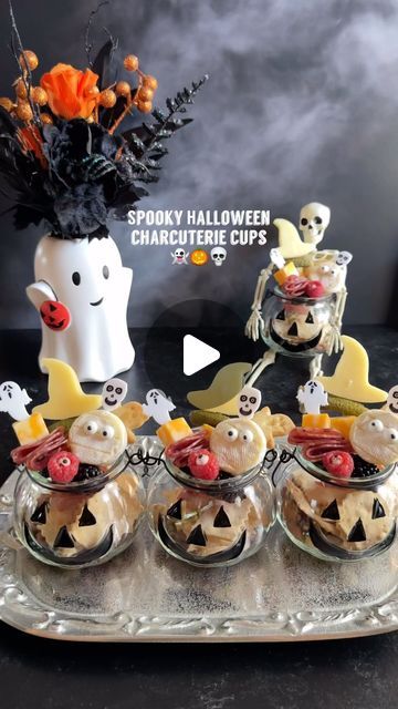 Halloween Charcuterie Cups Ideas, Mini Halloween Charcuterie Board, Halloween Charcuterie Cups, Brie Skewers, Halloween Skewers, Mini Brie Bites, Spooky Charcuterie, Sourdough Crackers, Witch Cookie