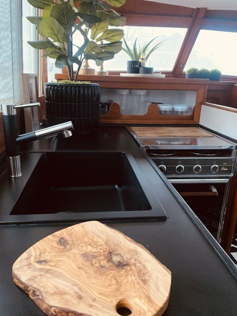 Boat Decorating Ideas Interiors, Black Galley Kitchen, Wood Boat Interior, Zebra Print Wallpaper, Boat Photos, Black And White Carpet, Boat Living, Boat Interior Design, Boat House Interior