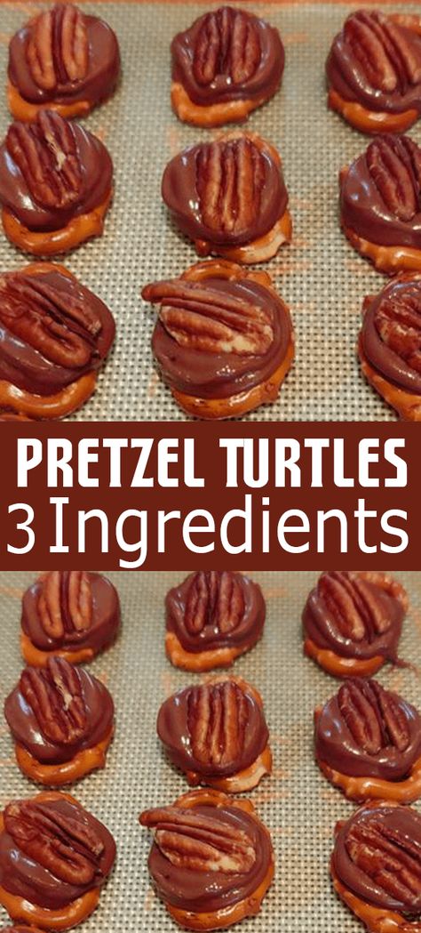 Rolo Pretzel Turtles (3 Ingredients) Pretzels With Rolos And Pecans, Pretzel Turtles Rolo, Pretzels With Rolos, Rollo Pretzel Treats, Rollo Pretzels, Rolo Pretzel Turtles, Pretzel Turtles, Rolo Pretzel, Rolo Chocolate