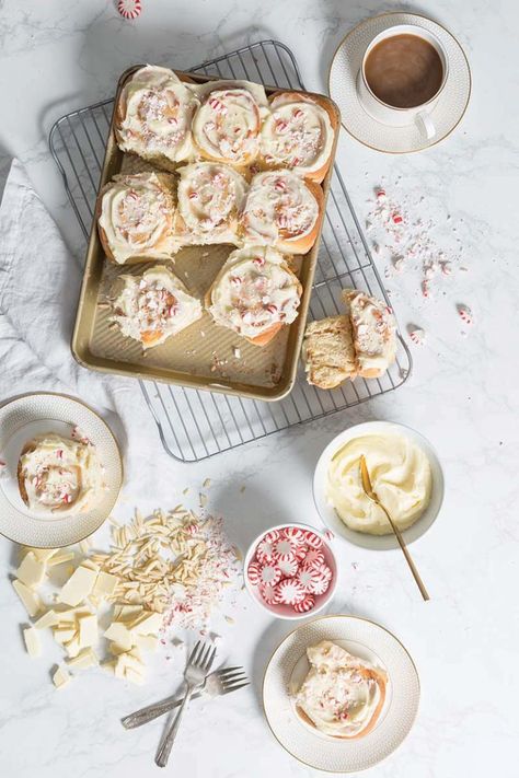 White Chocolate Peppermint Sweet Rolls | Red Star Yeast #whitechocolate #peppermint #sweetrolls #baking #homemade #redstaryeast #yeastbread #bakingwithyeast #lesaffre #kitchenbowl #fromscratch #food #foodie #yummy #cooking #baker #bread #yeast #homebaking #tasty #recipe #bakingday Chocolate Peppermint Sourdough Bread, White Chocolate Peppermint Cinnamon Rolls, White Chocolate Raspberry Cinnamon Rolls, Red Star Yeast, Mint Candy, Candied Nuts, Holiday Breakfast, No Bake Bars, Cheese Flavor