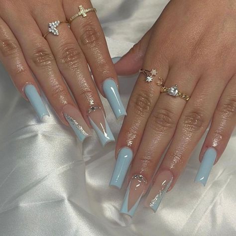 Nails July 2023, Nails July, Baby Blue Acrylic Nails, Blue Prom Nails, Occasion Nails, Quinceanera Nails, Unghie Sfumate, Blue Acrylic Nails, Pedicure Manicure