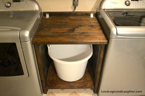 Utility Room Logic: storage/folding table between washer/dryer. Built In Corner Shelves, Utility Sink Skirt, Between Washer And Dryer, Diy Laundry Room Shelves, Farmhouse House Decor, Laundry Room Counter, More Counter Space, Diy Laundry Basket, Small Laundry Room Makeover