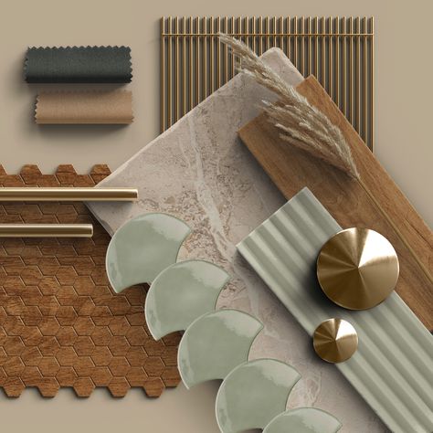 Embrace the harmony of nature with this serene sage green, warm wood, and luxe brushed gold mood board. A perfect balance of earthy and elegant that speaks to the soul. 😍 #moodboard #decorinspo #homedecor #EasyBathrooms #MoodBoardMonday #MoodBoard #BathroomInspo #Tiles #BathroomDesign #HomeInspo #InteriorDesign #InteriorInspo #KitchenInspo #KitchenTiles Gold And Sage Bathroom, Green Gold Moodboard, Wood Gold Interior, Green Material Board, Sage And Gold Bathroom, Green Bathroom Mood Board, Sage Mood Board, Spa Mood Board, Sage Green Mood Board