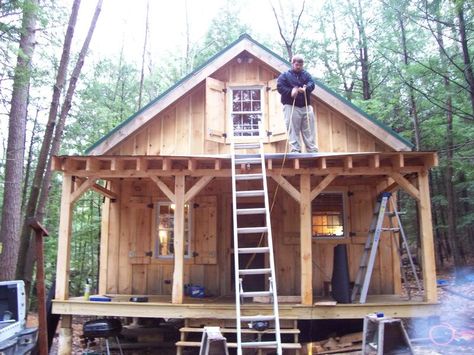 Diary of a 20x24 cabin going up in NH - great pictures for ideas.  LOVE the usable shutters and the way the porch was made 20x24 Cabin, Cabin Tiny House, Tiny Cabins, Tiny Cottage, Cabin Living, Little Cabin, Shed Homes, Tiny Cabin, Log Cabin Homes