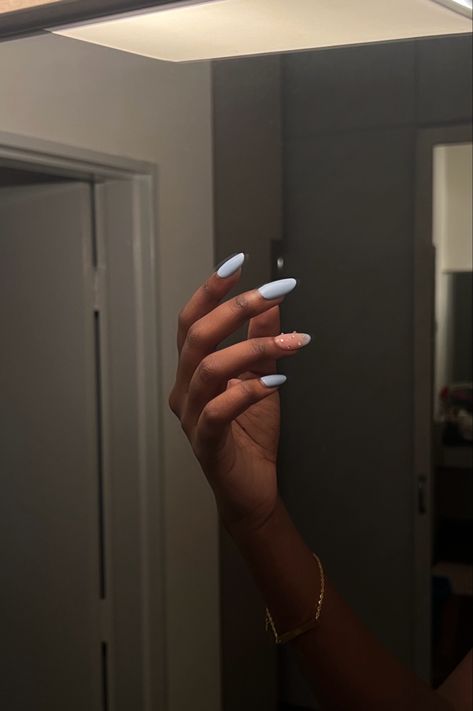 Pastel Blue Nails Design, Simple Nails Blue, Ice Blue Nails, Barbie Nails Acrylic, Micro French Nails, Nails Short Stiletto, Blueberry Milk Nails, Blue Almond Nails, French Nails Short