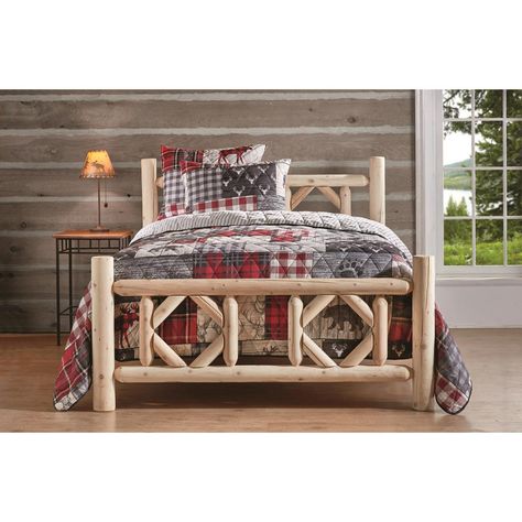 CASTLECREEK Diamond North American Cedar Log Bed, Twin - 297896, Bedroom Sets at Sportsman's Guide Queen Bed With Headboard, Log Bed Frame, Log Bedroom Furniture, Natural Wood Bed, Rustic Bed Frame, Log Bed, Twin Size Bed Frame, Cedar Log, Bed With Headboard