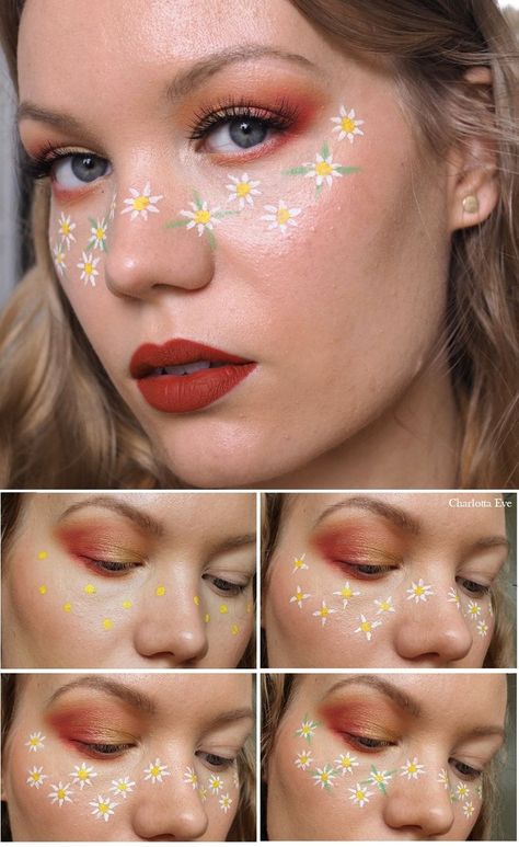 Face Painting Aesthetic Flowers, Flower Freckles, Festival Face Paint, Warm Makeup, Maquillage Yeux Cut Crease, Freckles Makeup, Eyeliner Designs, Orange Makeup, Flower Makeup