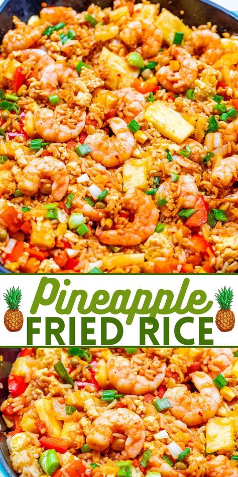 Pineapple Fried Rice - A Hawaiian-inspired shrimp fried rice recipe that's EASY, ready in minutes, and has so much authentic flavor!! A family favorite that's better-than-takeout!! Pineapple Shrimp Fried Rice, Fried Rice With Shrimp, Pineapple Fried Rice Recipe, Rice With Shrimp, Shrimp Fried Rice Recipe, Pineapple Shrimp, Pineapple Fried Rice, Hawaiian Dishes, Averie Cooks