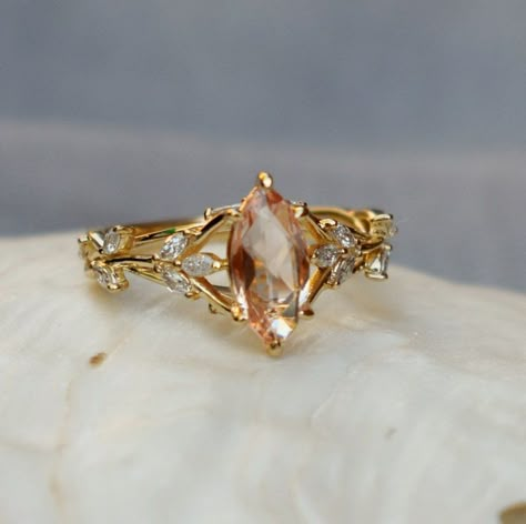 Eclectic Rings Engagement, Peach Sapphire Ring, Ugly Engagement Rings, Artsy Engagement Rings, Fairytale Wedding Ring, Whimsical Wedding Ring, Whimsical Engagement Ring, Peach Champagne Sapphire, Fairytale Ring