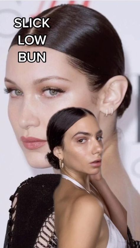 no heat slick bun hair tutorial - bella hadid hailey bieber bun hair tutorial #bellahadidstyle #hairstyles #hairstylevideo #hairtutorials #haileybieber How To Hailey Bieber Bun, How To Do Hailey Bieber Hair, How To Make Slick Bun, Slick Bun For Wedding, Hayley Bieber Bun, Bun With Part In The Middle, Hailey Bieber Hairstyles Tutorial, Hailey Bieber Hair Bun, Slick Low Bun Tutorial