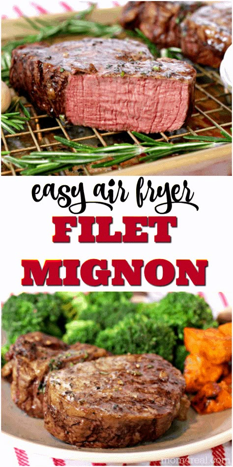 Filet mignon is often considered as a meal you would have when you go to an upscale steakhouse or a fancy date night dinner. Not only can you enjoy a restaurant style filet at home, but you can also cook it in your air fryer! This easy air fryer filet mignon cooks to perfection in about 15 minutes and is perfect for date night at home without spending a ton of money! Air Fryer Filet Mignon, Air Fryer Filet, Air Fryer Recipes Chicken Tenders, Air Fryer Recipes Healthy Low Carb, Air Fryer Recipes Breakfast, Restaurant Steak, Mignon Steak, Filet Mignon Recipes, Filet Mignon Steak