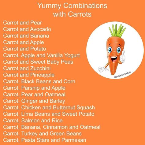 Baby Food Puree Combinations, Baby Food Carrots, Baby First Food Chart, Avocado Baby Food, Baby Weaning Foods, Sage Spoonfuls, Baby Meal Plan, Baby Carrot Recipes, Baby Food Combinations