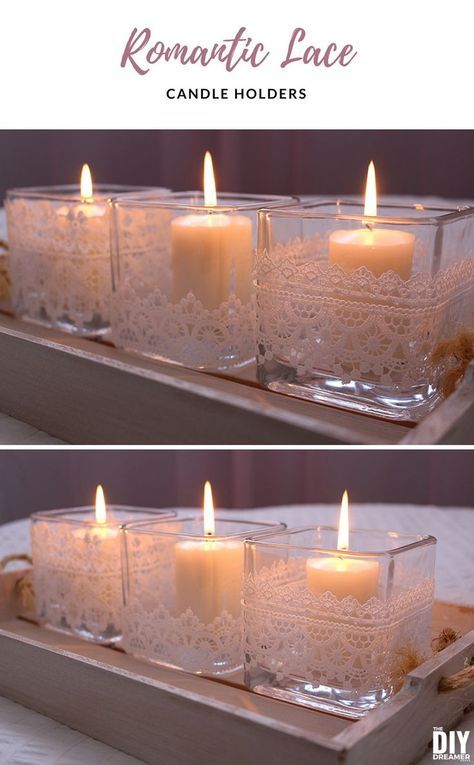 Learn how to make elegant candle holders with lace trim! Beautiful way to decorate for Valentine's Day. These DIY Romantic Lace Candle Holders will add the perfect touch of romance to any decor. #romantic #lace #candles #diywedding Diy Nightlight, Bingo Ideas, Wedding Pallet, Lace Candle Holders, Lace Decorations, Lace Candles, Elegant Candle Holders, Valentine Candles, Elegant Candle