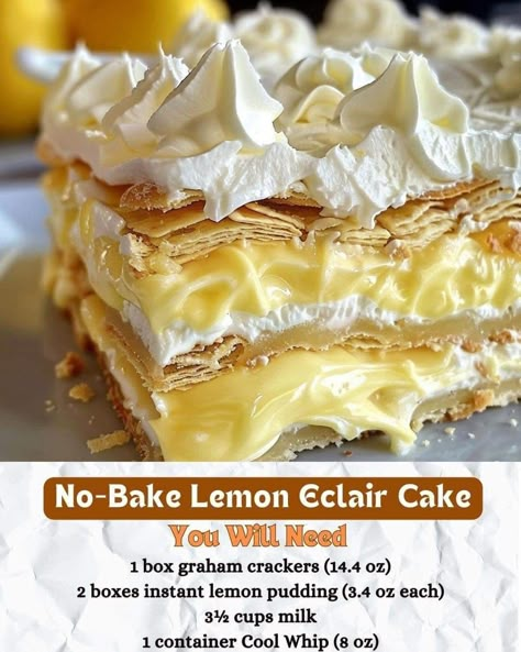 No-bake Lemon Eclair Cake Recipe, Lemon Eclair Cake No Bake, Lemon Eclair Cake, No Bake Lemon Eclair Cake, Lemon Eclair, Unusual Desserts, Cheesecake Flan, Cherry Crisp Recipe, Berry Cheesecake Recipes