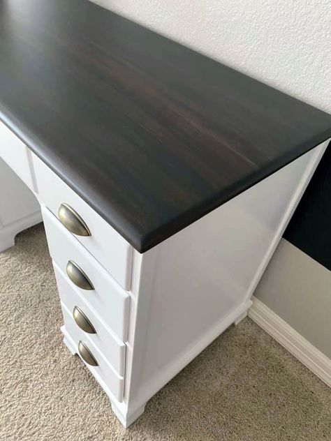 I mixed a little GF Graystone waterbased stain with Tobacco to lighten it a smidge on this piece. The paint on this piece is GF’s Brushable White Enamel. White Painted Desk, Refinished Desk, Diy Furniture Upgrade, Gray Console Table, Dark Wood Desk, Blue Bookcase, Water Based Wood Stain, Stain On Pine, Stained Table